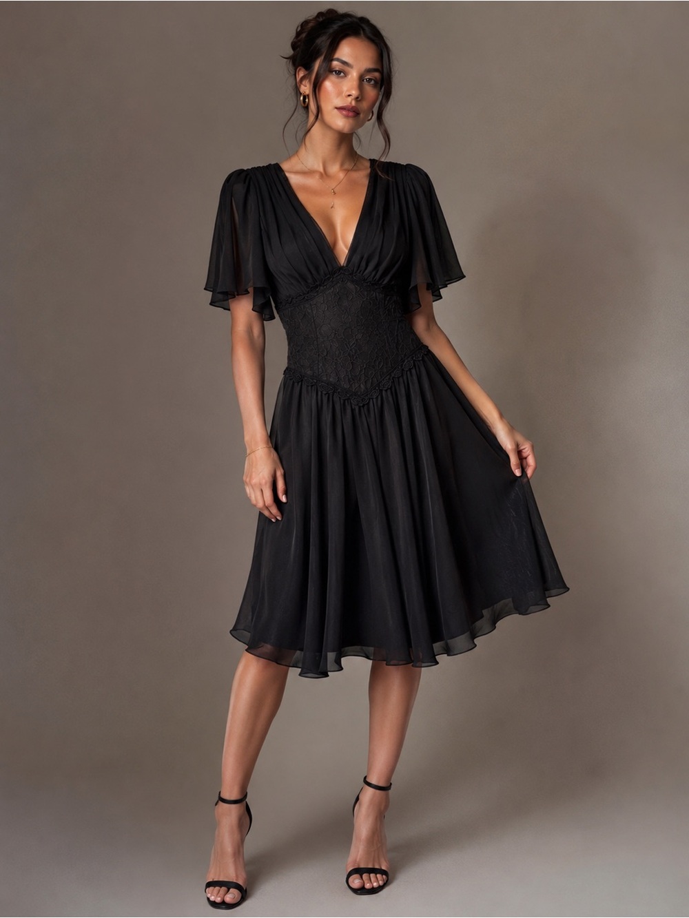 HW Collections Black Chiffon Lace Cocktail Dress Deep V Flutter Sleeve  Sz 8